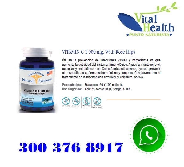 Vitamina C 1000 mg + Rose Hips por 60 capsulas blandas